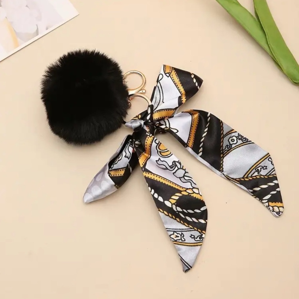 Elegant Black and Gold Bag Charm Keychain with Scarf and Pom Pom